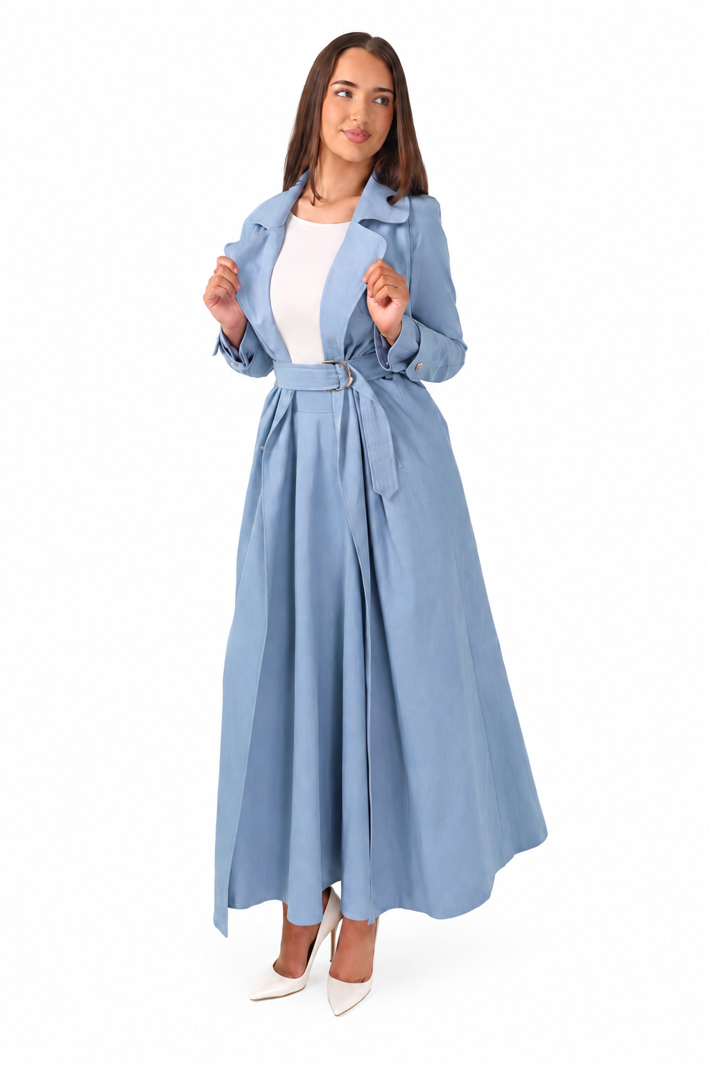Bluebell Trench on model – full-length portrait on white background