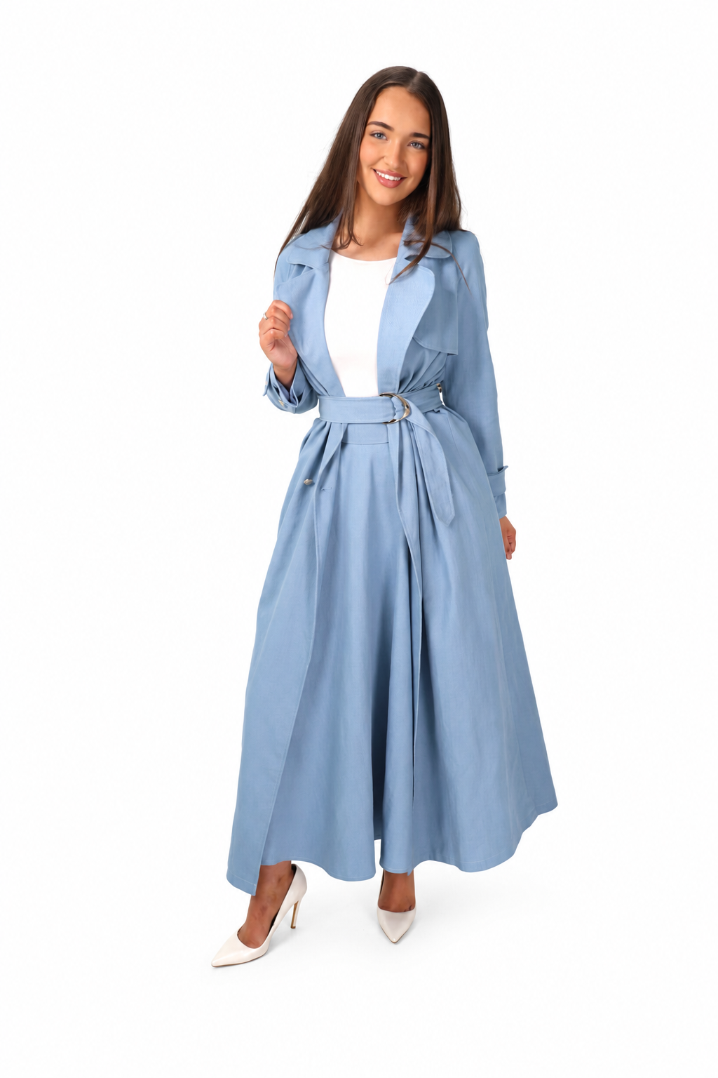 Bluebell Trench in powder blue on model against a white background – view 2