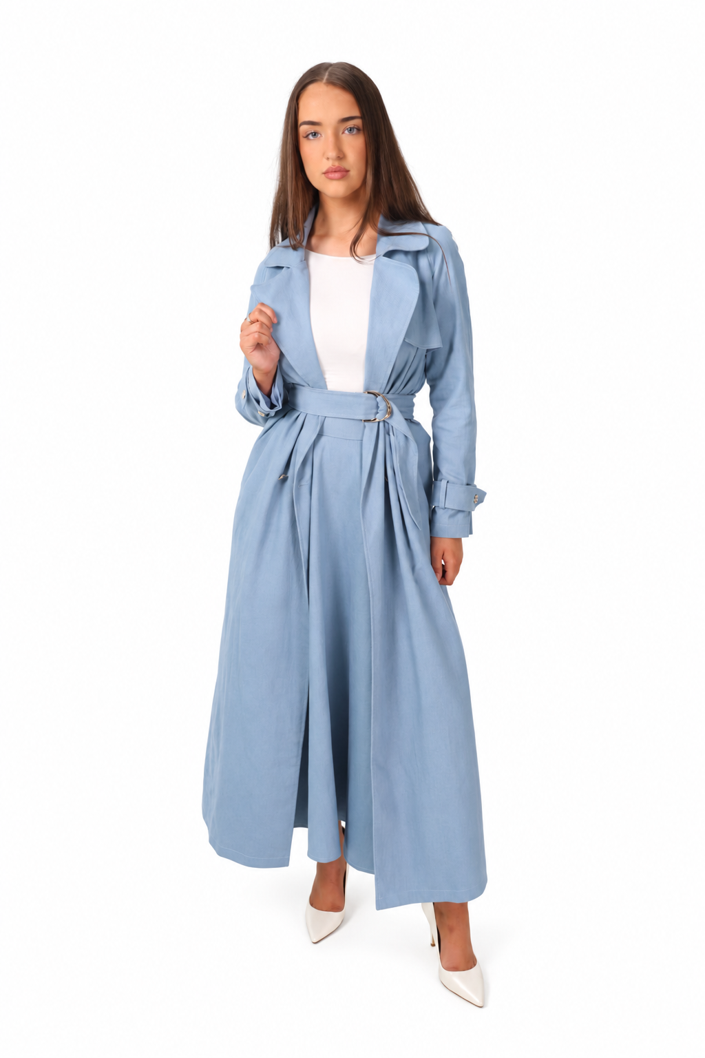 Bluebell Trench in powder blue on model against a white background – view 3