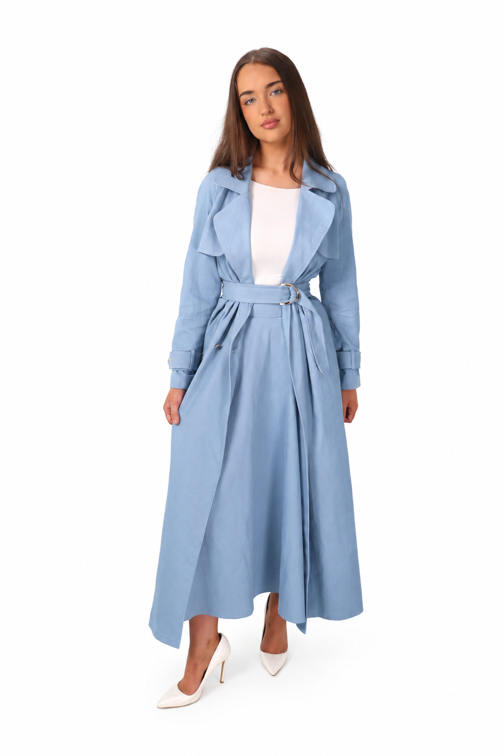 Bluebell Trench in powder blue on model against a white background – view 4